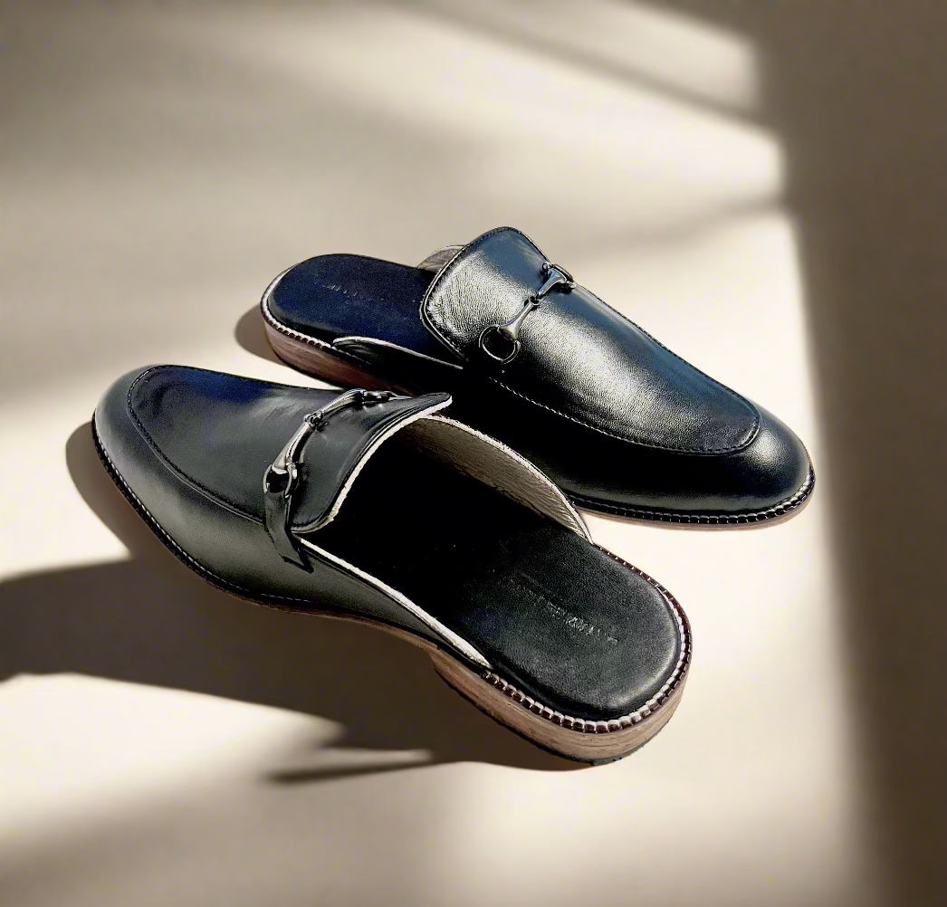 BLACK LEATHER MULES